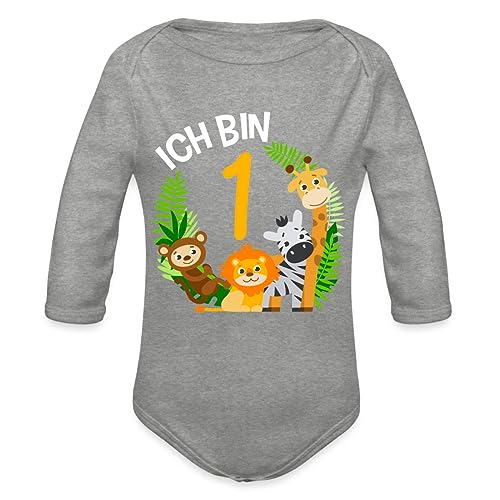 Spreadshirt 1. Geburtstag Dschungel Tiere Baby Bio-Langarm-Body, 80 (9-12 M.), Grau meliert von Spreadshirt