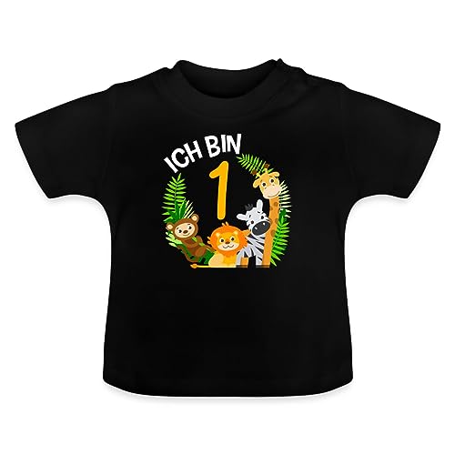 Spreadshirt 1. Geburtstag Dschungel Tiere Baby Bio-T-Shirt mit Rundhals, 12-18 Monate, Schwarz von Spreadshirt