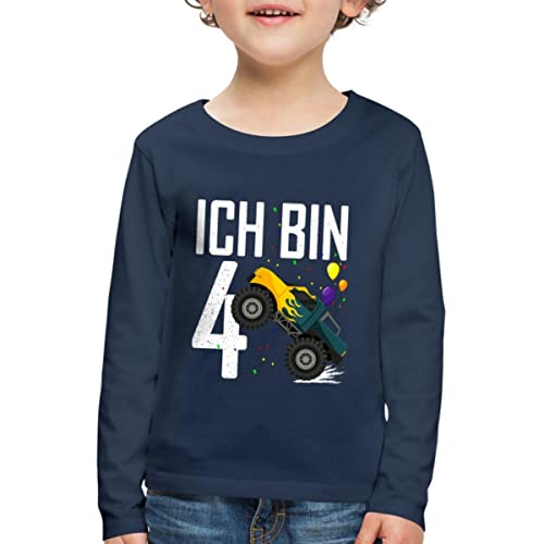 Spreadshirt 4. Geburtstag Ich Bin Vier Monster Truck Spruch Auto Kinder Premium Langarmshirt, 122/128 (6 Jahre), Navy von Spreadshirt