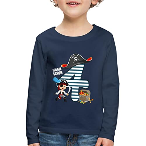 Spreadshirt 4. Geburtstag Schon Ich Bin Vier Pirat Schatz Kinder Premium Langarmshirt, 122/128 (6 Jahre), Navy von Spreadshirt