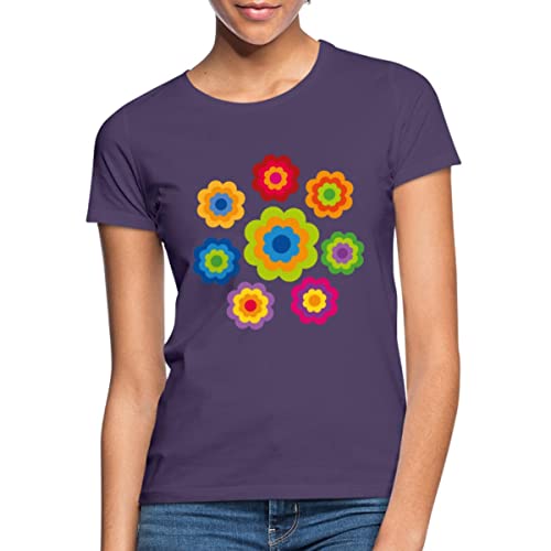 Spreadshirt 70er Jahre Hippie Flower Power Kostüm Blumen Outfit Frauen T-Shirt, L, Dunkellila von Spreadshirt