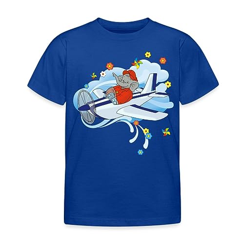 Spreadshirt Benjamin Blümchen Fliegt Im Flugzeug Kinder T-Shirt, 110/116 (5-6 Jahre), Royalblau von Spreadshirt