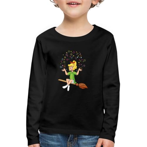 Spreadshirt Bibi Blocksberg Sitzt Auf Kartoffelbrei Kinder Premium Langarmshirt, 122/128 (6 Jahre), Schwarz von Spreadshirt