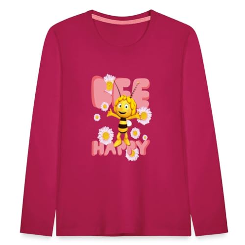 Spreadshirt Biene Maja Bee Happy Spruch Kinder Premium Langarmshirt, 110/116 (4 Jahre), Dunkles Pink von Spreadshirt