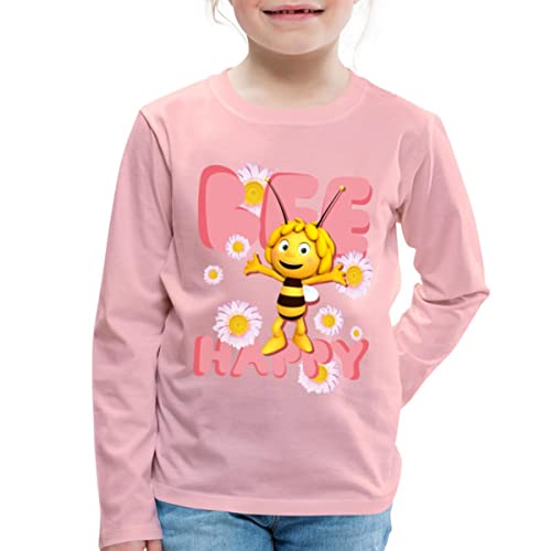 Spreadshirt Biene Maja Bee Happy Spruch Kinder Premium Langarmshirt, 110/116 (4 Jahre), Hellrosa von Spreadshirt