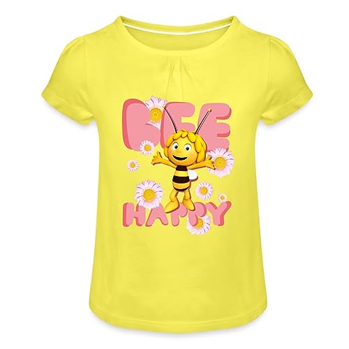 Spreadshirt Biene Maja Bee Happy Spruch Mädchen T-Shirt mit Raffungen, 2 Jahre, Gelb von Spreadshirt