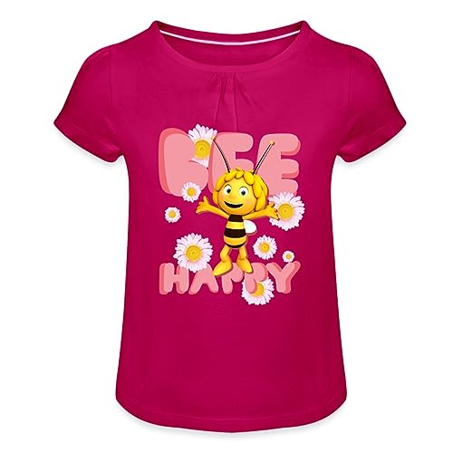 Spreadshirt Biene Maja Bee Happy Spruch Mädchen T-Shirt mit Raffungen, 4 Jahre, Fuchsia von Spreadshirt