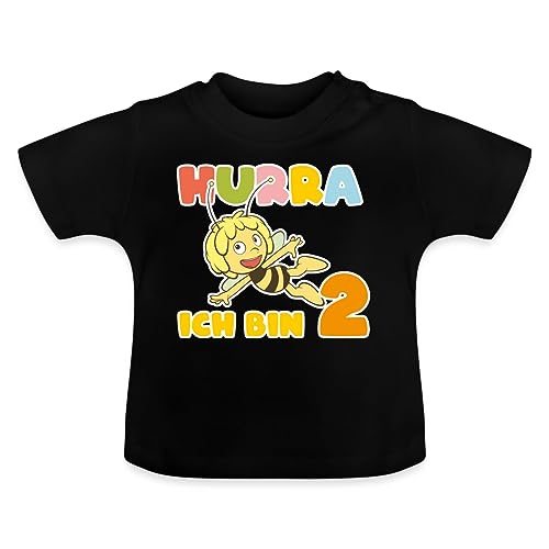 Spreadshirt Biene Maja Hurra Ich Bin 2! Zweiter Geburtstag Baby Bio-T-Shirt mit Rundhals, 12-18 Monate, Schwarz von Spreadshirt