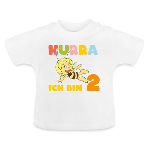 Spreadshirt Biene Maja Hurra Ich Bin 2! Zweiter Geburtstag Baby Bio-T-Shirt mit Rundhals, 6-12 Monate, Weiß von Spreadshirt