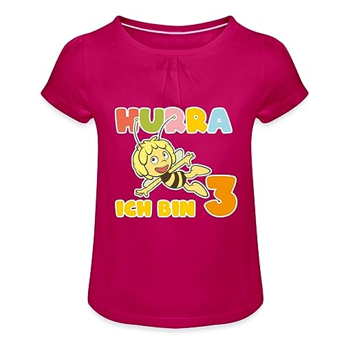 Spreadshirt Biene Maja Hurra Ich Bin 3! Dritter Geburtstag Mädchen T-Shirt mit Raffungen, 4 Jahre, Fuchsia von Spreadshirt