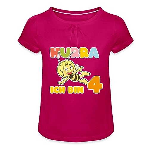 Spreadshirt Biene Maja Hurra Ich Bin 4! 4. Geburtstag Mädchen T-Shirt mit Raffungen, 4 Jahre, Fuchsia von Spreadshirt