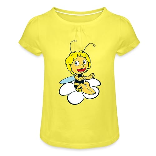 Spreadshirt Biene Maja Sitzt auf Blume Mädchen T-Shirt mit Raffungen, 8 Jahre, Gelb von Spreadshirt