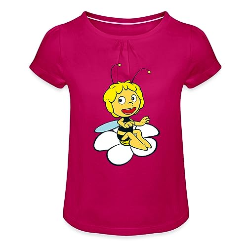 Spreadshirt Biene Maja Sitzt auf Blume Mädchen T-Shirt mit Raffungen, 4 Jahre, Fuchsia von Spreadshirt