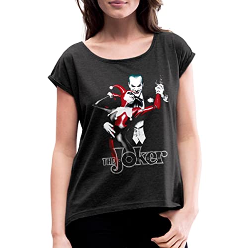 Spreadshirt DC Comics Batman Joker Harley Quinn Frauen T-Shirt mit gerollten Ärmeln, M, Schwarz meliert von Spreadshirt