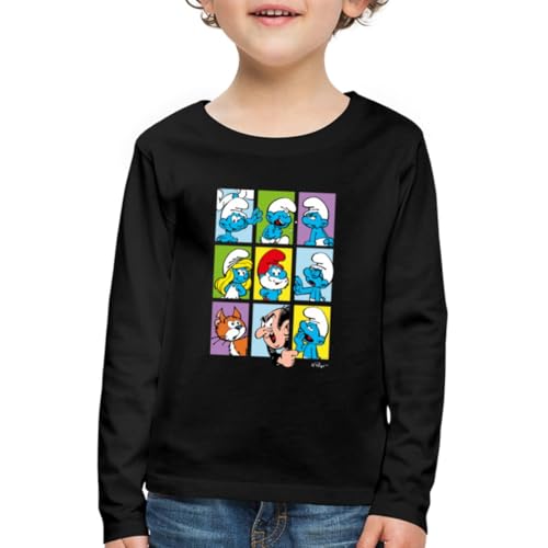 Spreadshirt Die Schlümpfe Kacheln Kinder Premium Bio Langarmshirt, 122/128 (6 Jahre), Schwarz von Spreadshirt