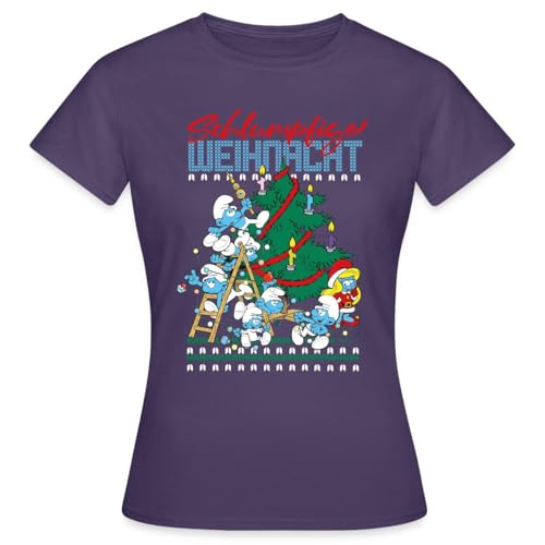 Spreadshirt Die Schlümpfe Schlumpfige Weihnachten Ugly Christmas Frauen T-Shirt, XL, Dunkellila von Spreadshirt
