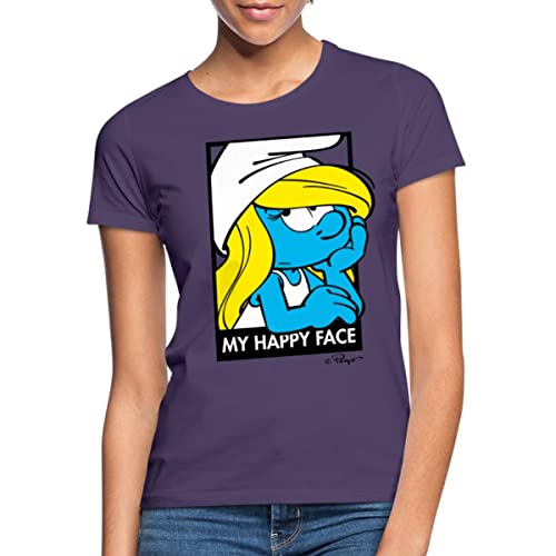 Spreadshirt Die Schlümpfe Schlumpfine Happy Face Frauen T-Shirt, XL, Dunkellila von Spreadshirt