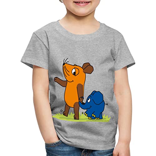 Spreadshirt Die Sendung Mit Der Maus Elefant Und Maus Hand An Rüssel Kinder Premium T-Shirt, 122/128 (6 Jahre), Grau meliert von Spreadshirt