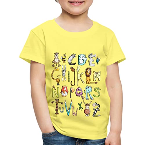 Spreadshirt Einschulung Alphabet Tiere Schulanfang Kinder Premium T-Shirt, 122/128 (6 Jahre), Gelb von Spreadshirt