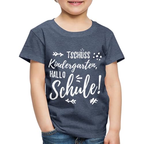 Spreadshirt Einschulung Tschüss Kindergarten Hallo Schule Typografie Kinder Premium T-Shirt, 122/128 (6 Jahre), Blau meliert von Spreadshirt