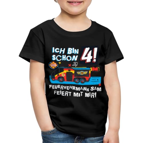 Spreadshirt Feuerwehrmann Sam Geburtstagsdesign 4 Jahre Kinder Premium Bio T-Shirt, 110/116 (4 Jahre), Schwarz von Spreadshirt