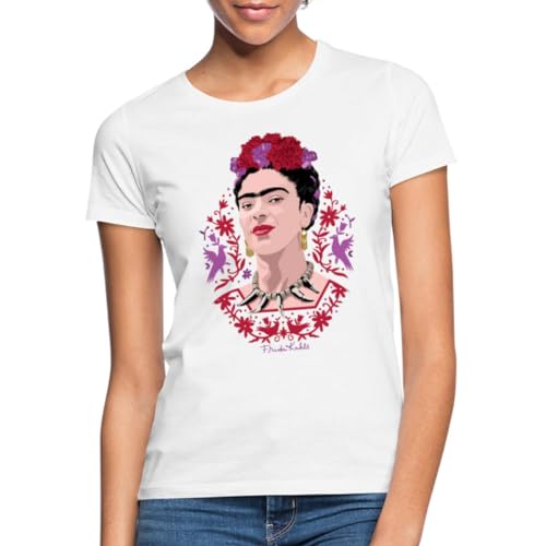 Spreadshirt Frida Kahlo Portrait Mit Blüten Lila Und Rot Frauen T-Shirt, XL, weiß von Spreadshirt