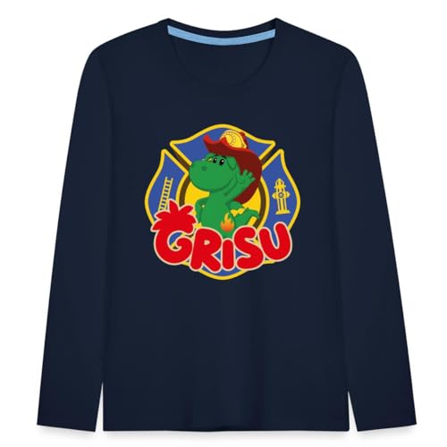 Spreadshirt Grisu Der Kleine Drache Als Feuerwehrsymbol Kinder Premium Langarmshirt, 98/104 (2 Jahre), Navy von Spreadshirt