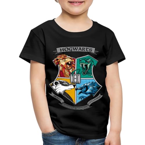 Spreadshirt Harry Potter Hogwarts Logo Tiere Der Häuser Kinder Premium T-Shirt, 110/116 (4 Jahre), Schwarz von Spreadshirt