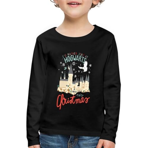 Spreadshirt Harry Potter Lieber In Hogwarts Bleiben Weihnachten Kinder Premium Langarmshirt, 134/140 (8 Jahre), Schwarz von Spreadshirt