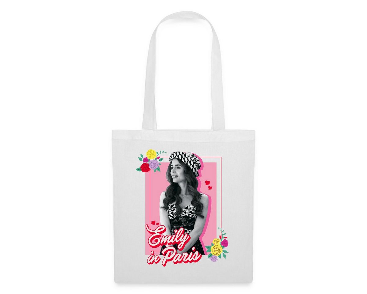 Spreadshirt Henkeltasche Emily In Paris Emily Schwarz-Weiß Bild Mit Blumen Stoffbeutel (1-tlg) von Spreadshirt