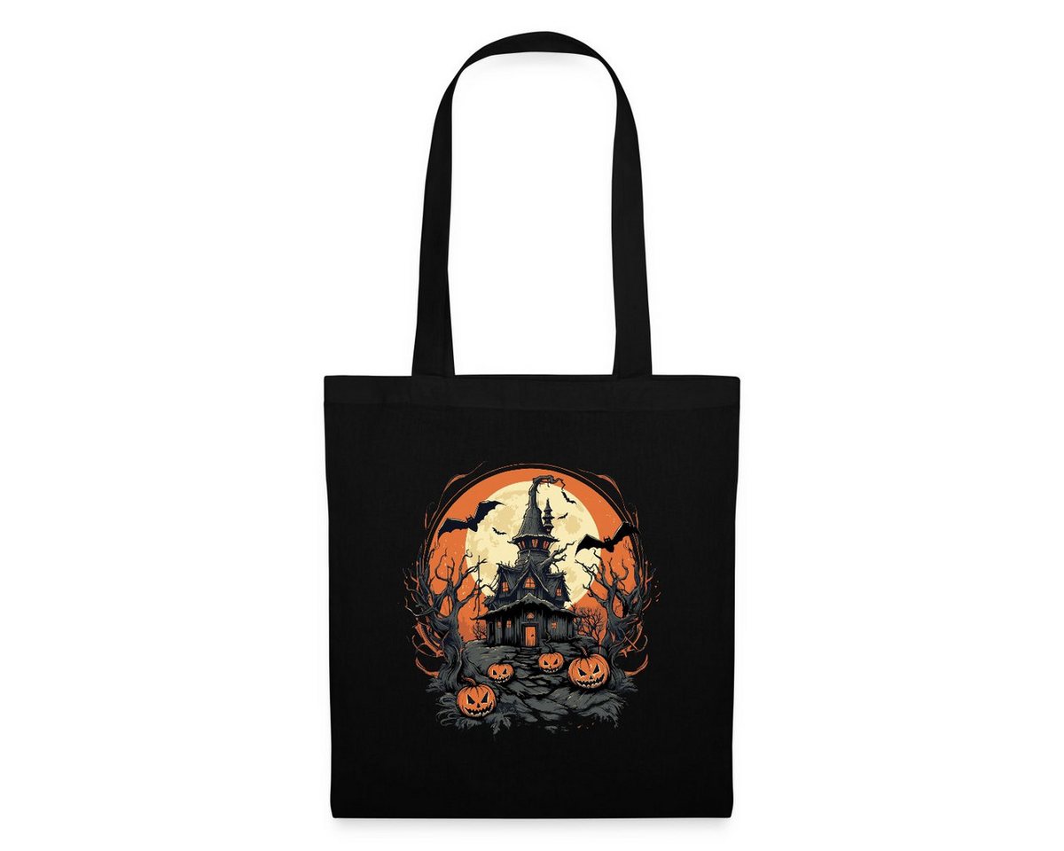 Spreadshirt Henkeltasche Halloween Spukhaus Mit Kürbissen Und Vollmond Stoffbeutel (1-tlg) von Spreadshirt