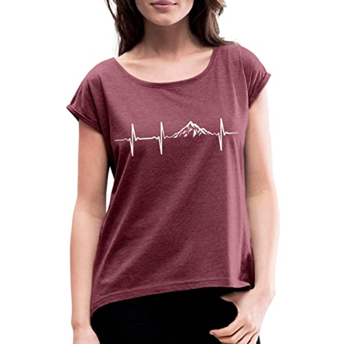 Spreadshirt Herzschlag Puls Frequenz Berge EKG Frauen T-Shirt mit gerollten Ärmeln, S, Bordeauxrot meliert von Spreadshirt