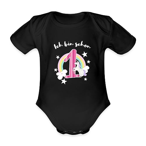 Spreadshirt Ich Bin Schon 1 Einhorn Regenbogen Geburtstagskind Baby Bio-Kurzarm-Body, 80 (9-12 M.), Schwarz von Spreadshirt