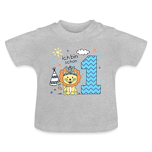 Spreadshirt Ich Bin Schon 1 Löwe Geburtstag Indianer Geschenk Baby Bio-T-Shirt mit Rundhals, 12-18 Monate, Grau meliert von Spreadshirt