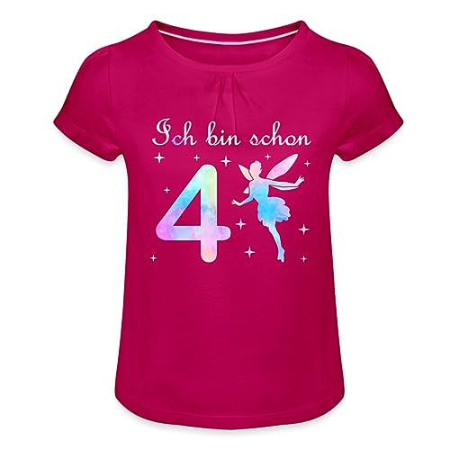 Spreadshirt Ich Bin Schon 4 Regenbogen Fee Geburtstag Mädchen T-Shirt mit Raffungen, 4 Jahre, Fuchsia von Spreadshirt