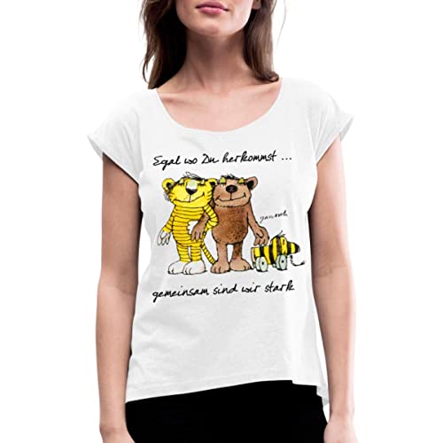 Spreadshirt Janosch Bär Tigerente Tiger Gemeinsam Stark Frauen T-Shirt mit gerollten Ärmeln, M, weiß von Spreadshirt