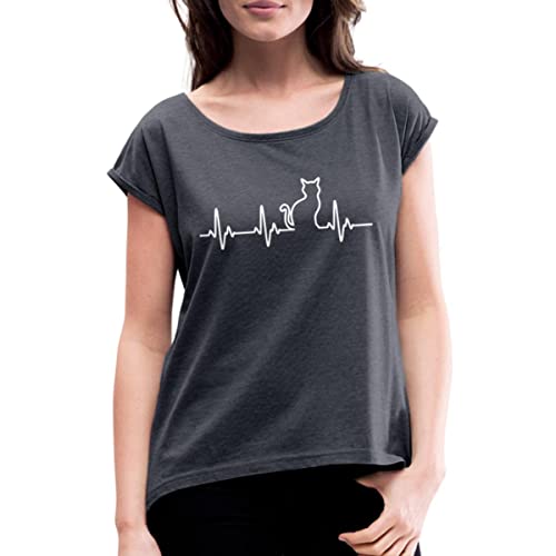 Spreadshirt Katze Silhouette EKG Herzschlag Katzenfan Frauen T-Shirt mit gerollten Ärmeln, L, Navy meliert von Spreadshirt