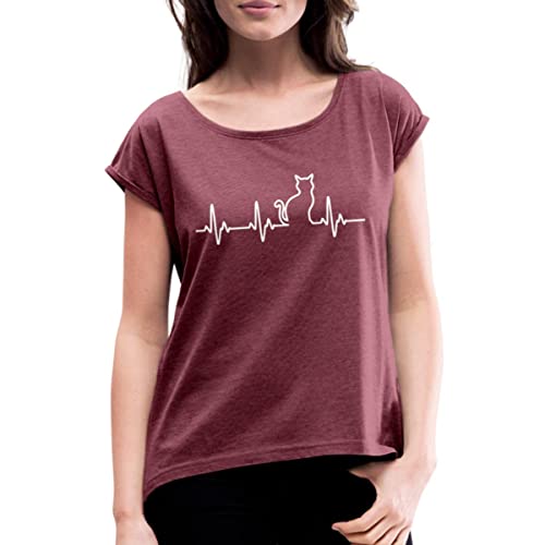 Spreadshirt Katze Silhouette EKG Herzschlag Katzenfan Frauen T-Shirt mit gerollten Ärmeln, S, Bordeauxrot meliert von Spreadshirt