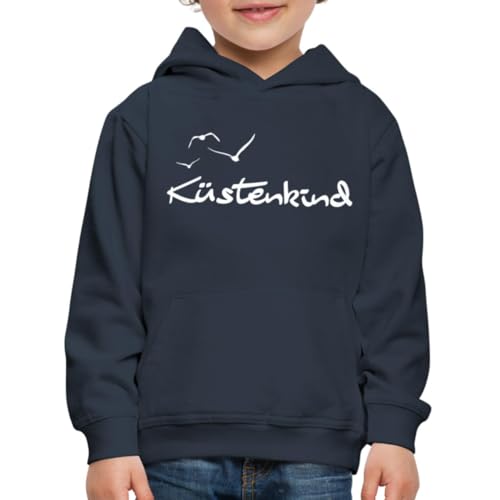 Spreadshirt Küstenkind Schriftzug Mit Möwen Strandurlaub Kinder Premium Hoodie, 122/128 (7-8 Jahre), Navy von Spreadshirt