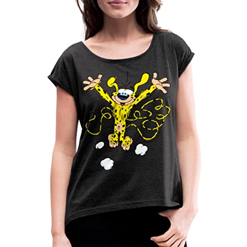 Spreadshirt Marsupilami Happy Frauen T-Shirt mit gerollten Ärmeln, M, Schwarz meliert von Spreadshirt