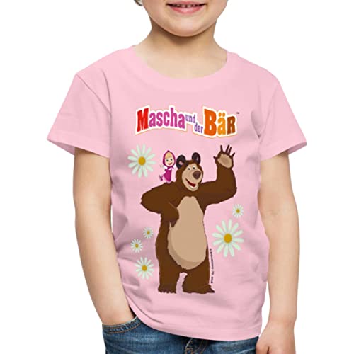 Spreadshirt Mascha Und Der Bär Winken Fröhlich Kinder Premium T-Shirt, 134/140 (8 Jahre), Hellrosa von Spreadshirt