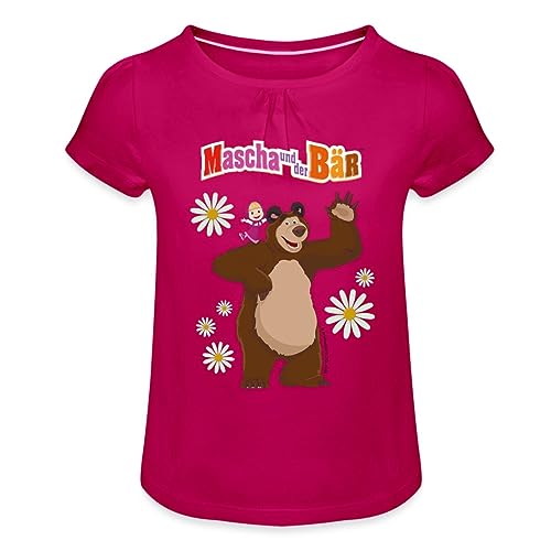 Spreadshirt Mascha Und Der Bär Winken Fröhlich Mädchen T-Shirt mit Raffungen, 8 Jahre, Fuchsia von Spreadshirt