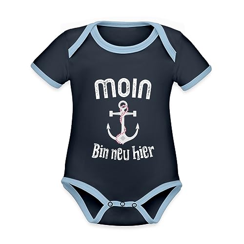 Spreadshirt Moin Bin Neu Hier Geburt Baby Hamburg Anker Baby Bio-Kurzarm-Kontrastbody, 68 (3-6 M.), Navy/Himmelblau von Spreadshirt