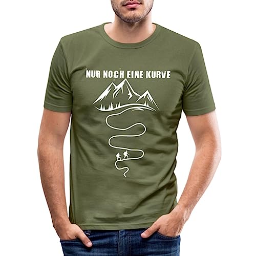 Spreadshirt Nur Noch Eine Kurve Lustiger Wanderspruch Berge Wandern Männer Slim Fit T-Shirt, M, Khaki Grün von Spreadshirt