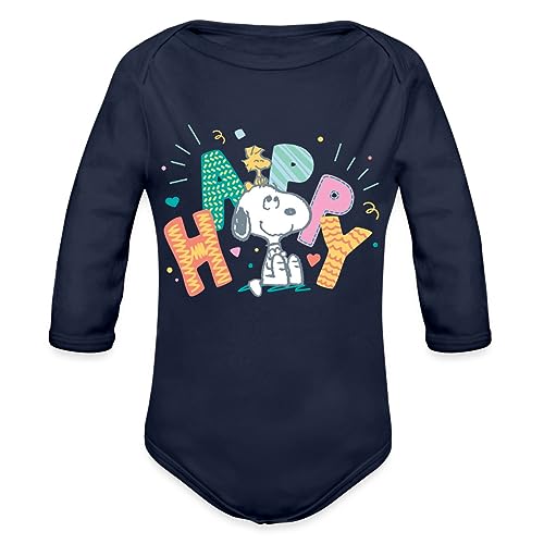 Spreadshirt Peanuts Snoopy Happy Glücklich Baby Bio-Langarm-Body, 74 (6-9 M.), Dunkelnavy von Spreadshirt