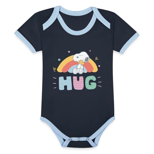 Spreadshirt Peanuts Snoopy & Woodstock Hug Baby Bio-Kurzarm-Kontrastbody, 80 (9-12 M.), Navy/Himmelblau von Spreadshirt