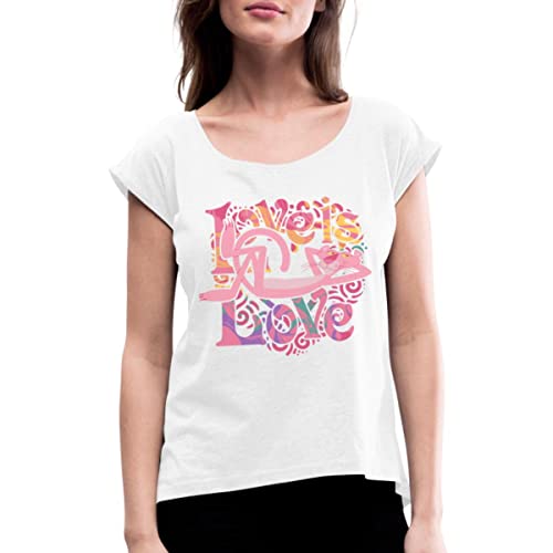 Spreadshirt Pink Panther Love is Love Frauen T-Shirt mit gerollten Ärmeln, S, weiß von Spreadshirt