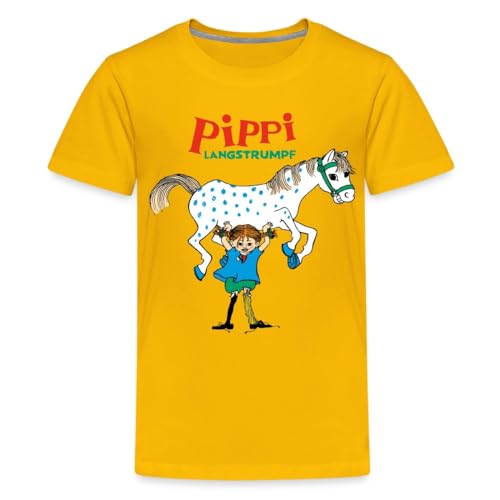 Spreadshirt Pippi Langstrumpf Pippi hebt Kleiner Onkel Kinder Premium T-Shirt, 110/116 (4 Jahre), Sonnengelb von Spreadshirt
