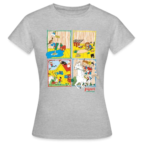 Spreadshirt Pippi Langstrumpf Und Ihre Freunde Kacheln Frauen T-Shirt, M, Grau meliert von Spreadshirt