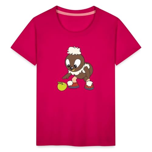 Spreadshirt Sandmännchen Pittiplatsch Findet Leckeren Apfel Kinder Premium T-Shirt, 98/104 (2 Jahre), Dunkles Pink von Spreadshirt